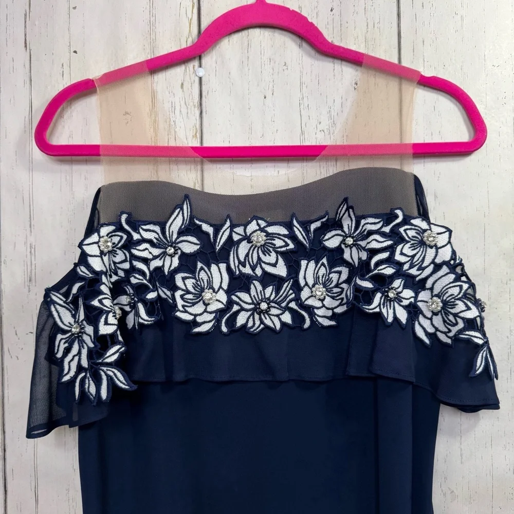 MSK Navy Illusion Off The Shoulder Floral Appliqué Dress Elegant Evening Chic